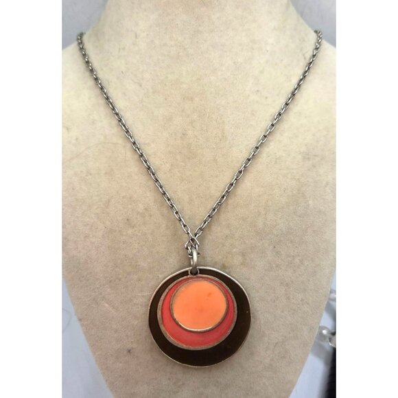 Jewelry - Vintage Orange, Brown & Silver Tone Pendant Necklace With Chain